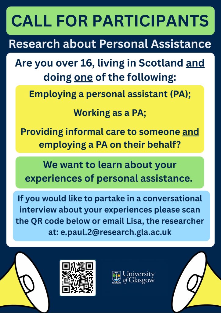 Colourful poster with the text outlines in the body of this post. There are two speaker icons at teh bottom of the page and teh text appears in colour bands, of yellow, green and blue. The logo of the University of Glasgow, and a QR code appears at the bottom of the poster.