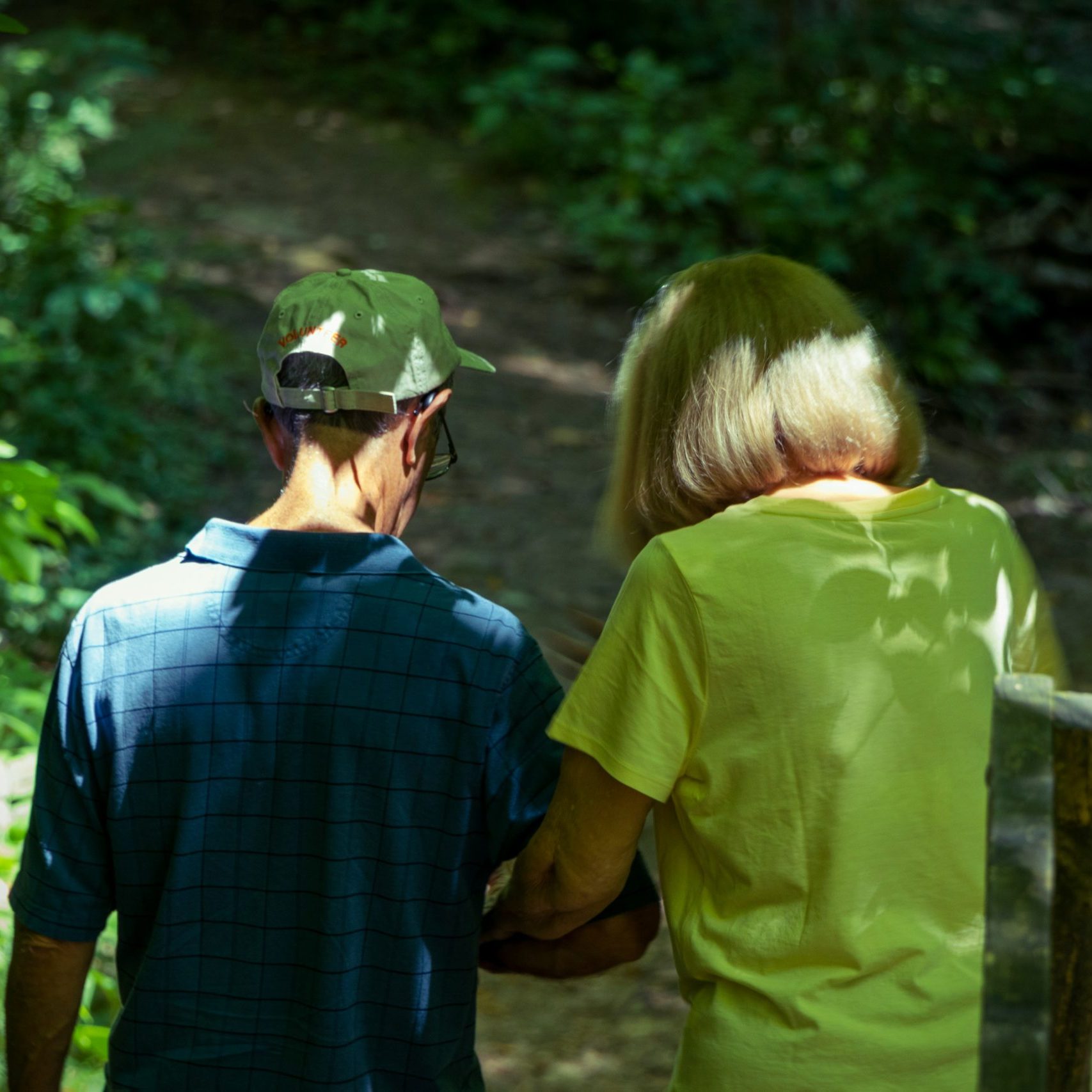 Two people walking in the woods