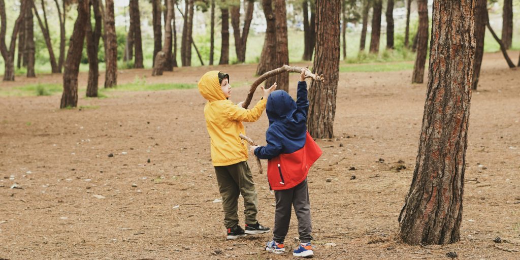 Children playing in the forest with sticks.
